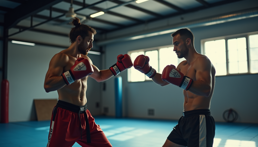 Two male boxers in boxing stance